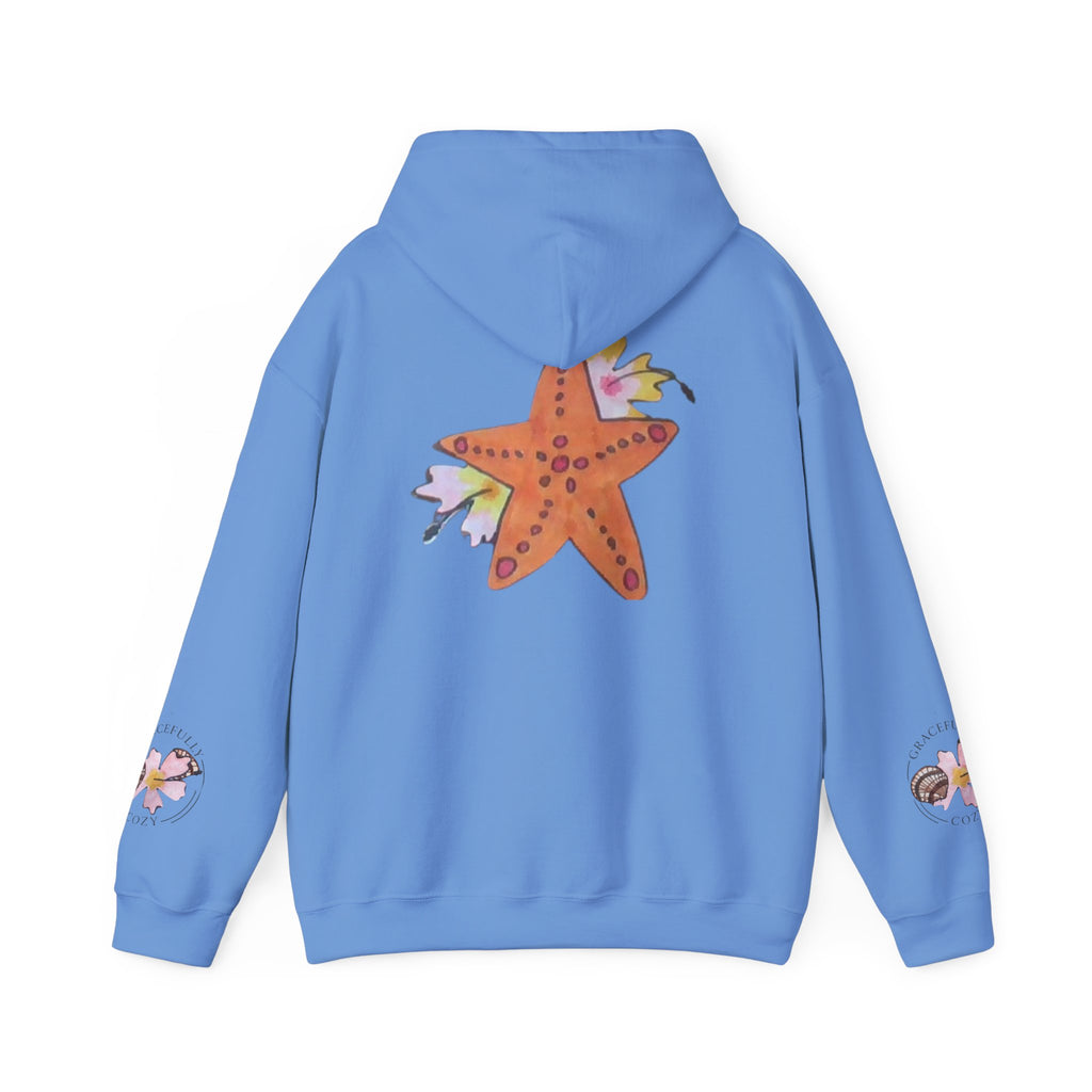 Orange starfish with hibiscus flowers