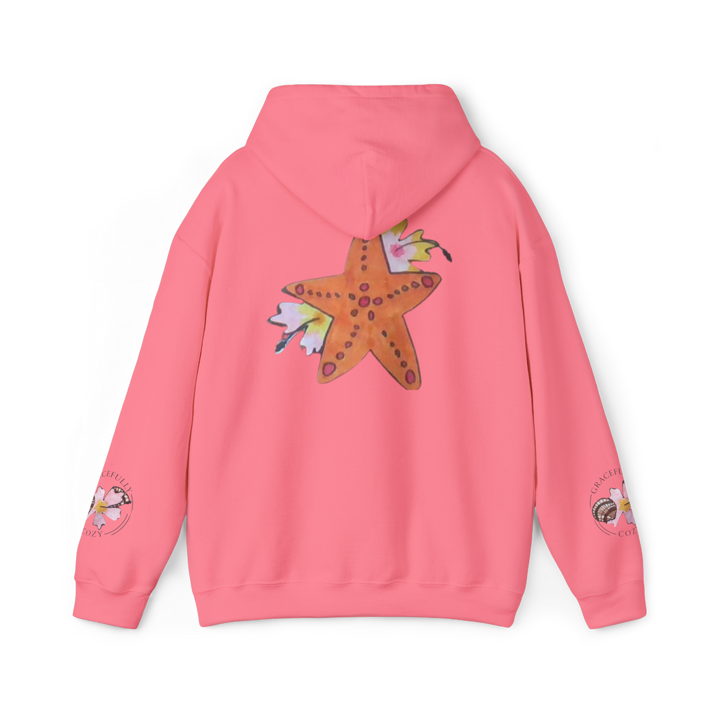 Orange starfish with hibiscus flowers