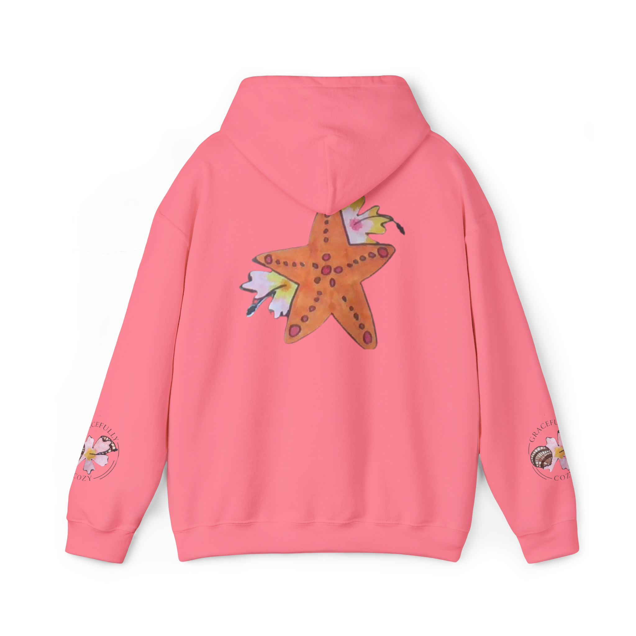 Orange starfish with hibiscus flowers