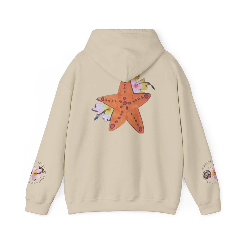 Orange starfish with hibiscus flowers