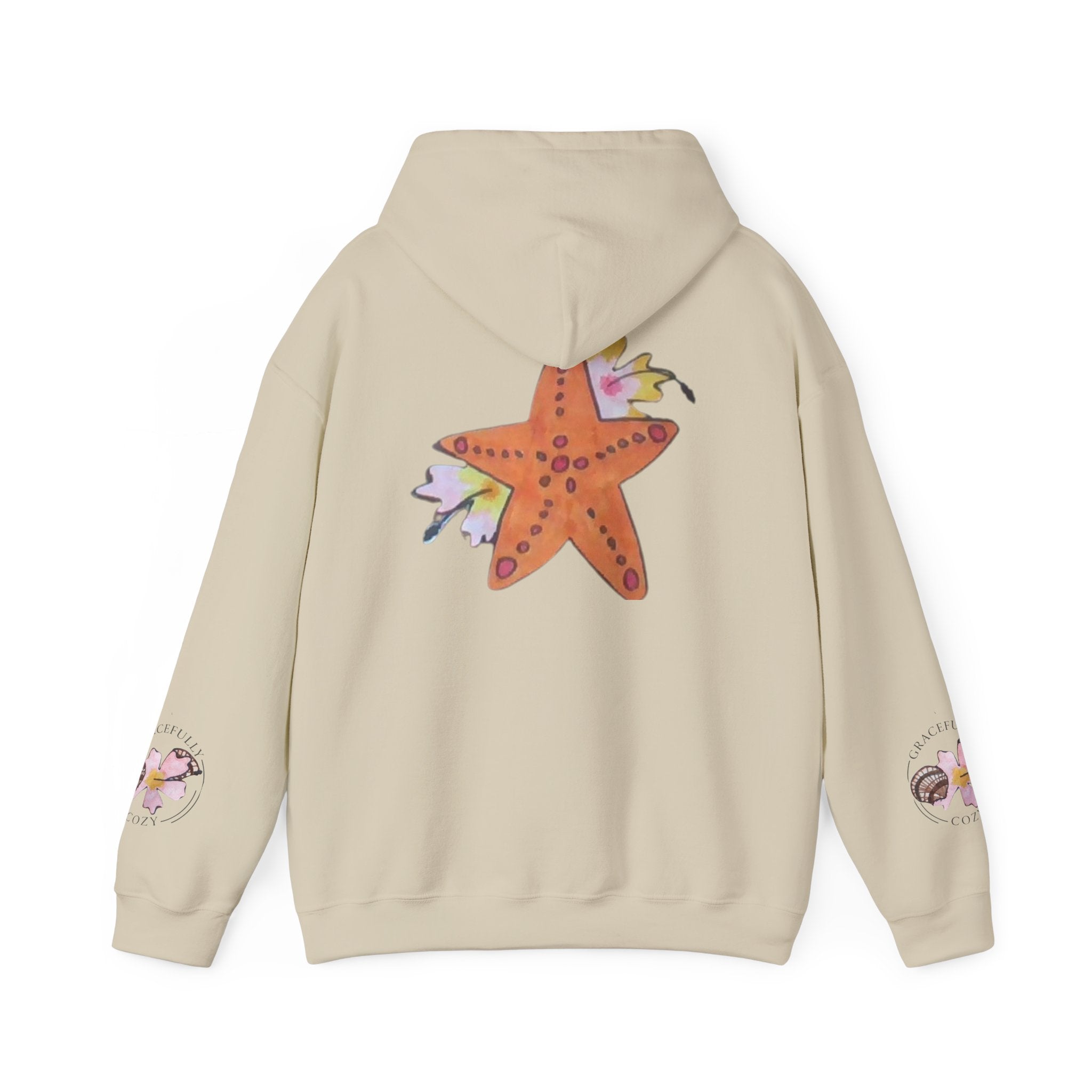 Orange starfish with hibiscus flowers